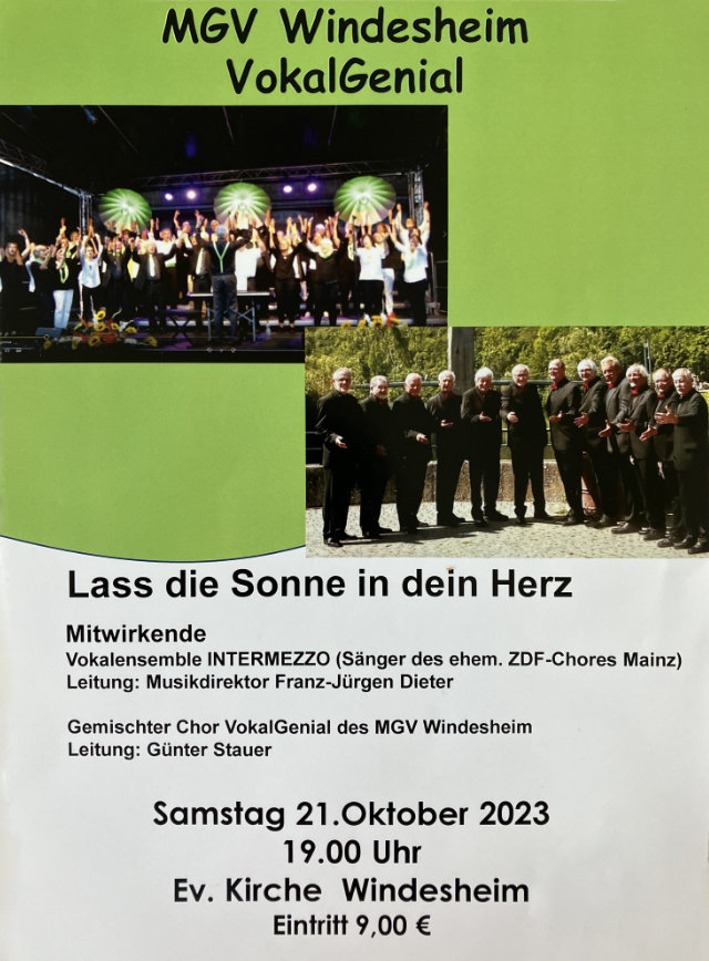 Plakat zum Konzert von VokalGenial, dem gemischten Chor des MGV Windesheim, am 21.10.2023 um 19 Uhr in der ev. Kirche in Windesheim